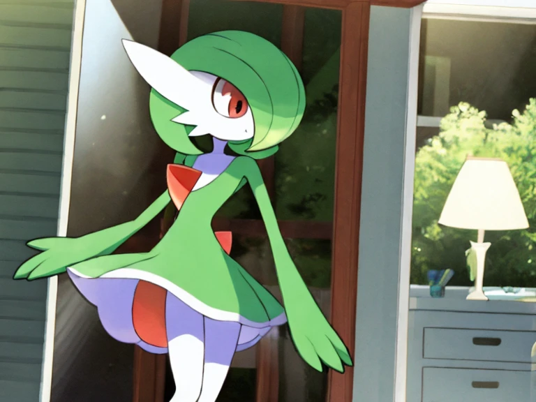 girl, solo, gardevoir, creatures \(company\), game freak, nintendo, pokemon, pokemon \(game\), bangs, colored skin, female focus, sad, gen 3 pokemon, green hair, green skin, hair over one eye, multicolored skin, pokemon \(creature\), red eyes, short hair, two-tone skin, white skin, at home, empty eyes, dull eyes, blank eyes, blank expression, hypnotized, dazed, blank, enthralled, cocktail dress, bare legs, slim legs, abused, injured