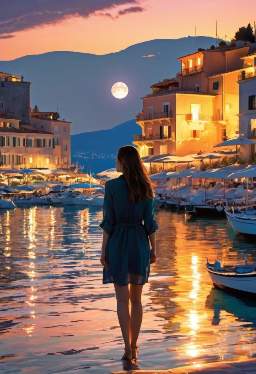 (Magazine cover :1.2),(masterpiece, best quality:1.2),Romantic Aegean Sea,(French Riviera:1.3),night,Backlight,(1对情侣坐在French Riviera的树枝上:1.4),There is a full moon behind,Alexander,repeat,Fresh colors,Soft colors,Diode lamp,Concept art style,Extremely complex details,Clear distinction between light and dark,layered,Ultra HD