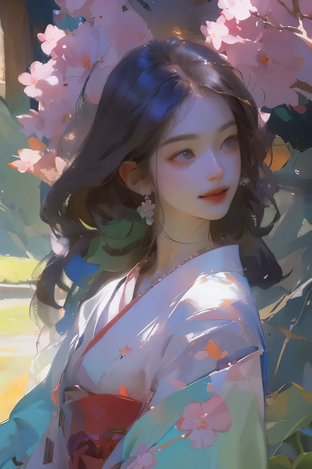((best quality)), ((masterpiece)), ((Practical)), A flawless girl stands in a peaceful Japanese garden,Cherry blossoms in full bloom can be seen at eye level, landscape, masterpiece, (high resolution), The original, extremely detailed 8K , (photoPractical:1.4),Flawless face, Perfect eyes,Symmetrical body shape,Smile,