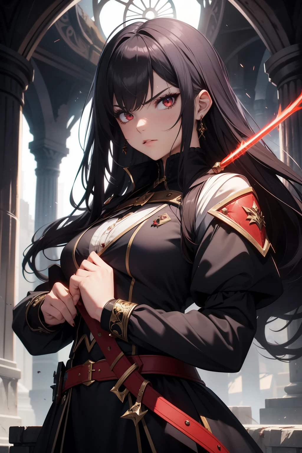 A high female vampire hunter, with titian hair cascading down her shoulders and a swarthy complexion, exuded an aura of strength and determination. In her right hand, she clutched a rapier, stained red with the remnants of her latest battle. In her left, she held a whip, its crack resonating through the air as she prepared for the next encounter. Her padded doublet, once pristine and white, was now splattered with crimson hues, a testament to her unyielding resolve. Her three-dimensional facial features were sharp and angular, her eyes shutting momentarily before reopening, filled with an intense focus. The