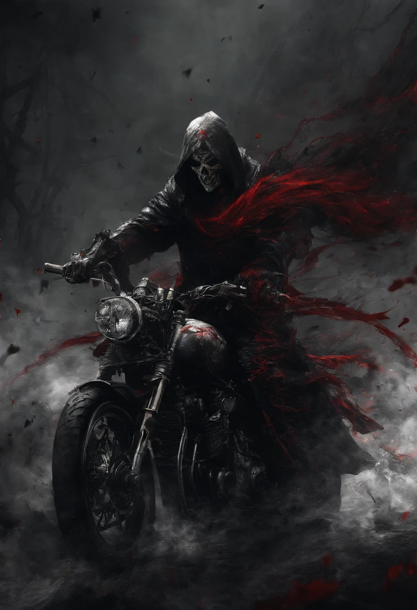 Dark swordsman with red sword、Red scarf，disaster々Racing on a cool bike，