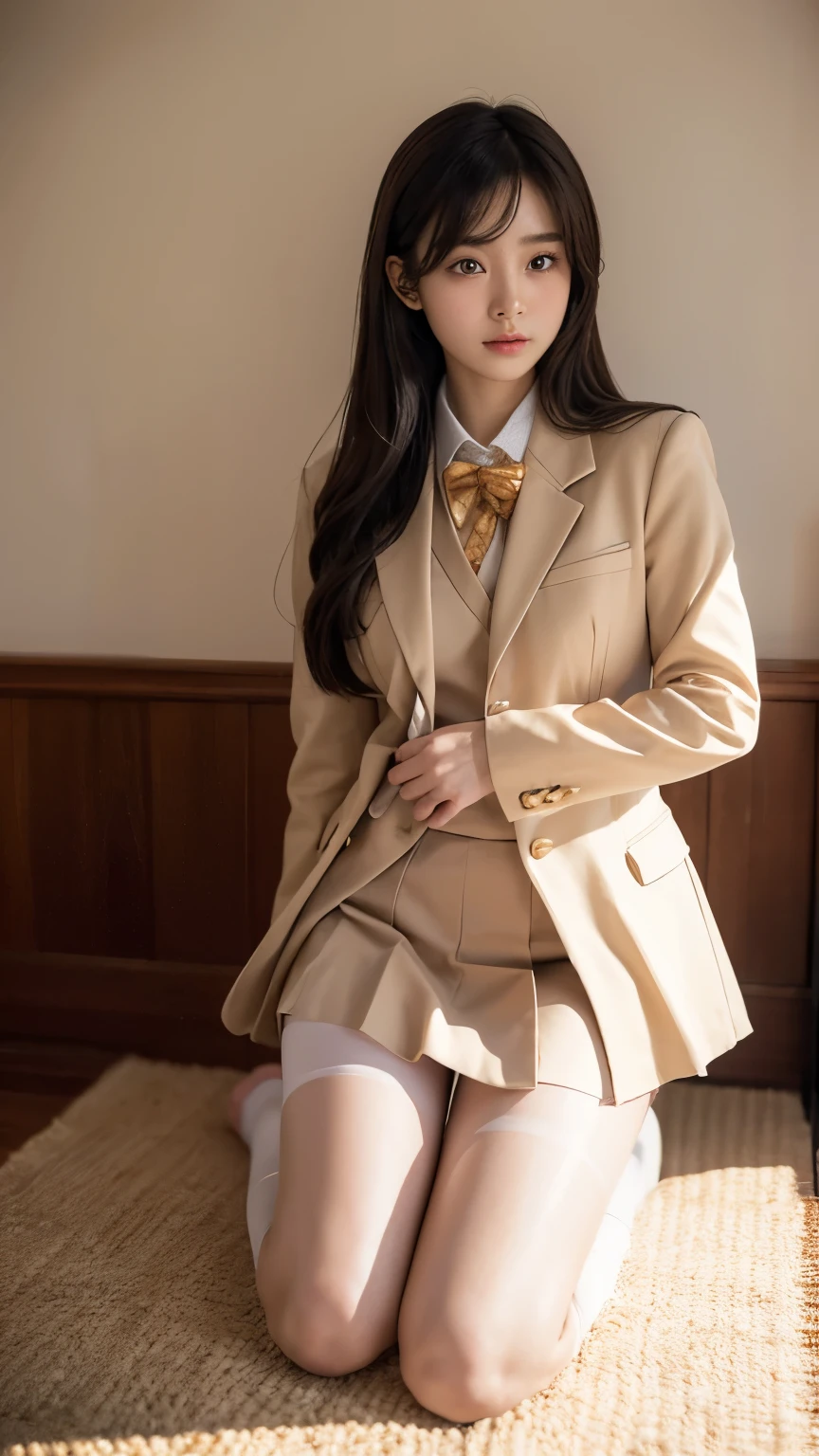 ulzzang-6500-v1.1, (Raw foto:1.2), (Photorealistic:1.4), Beautiful detailed girl, very detailed eyes and face, Beautiful detailed eyes, Ridiculous, Unbelievably ridiculous., huge file size, A highly detailed, high resolucion, Very detailed, Best Quality, Masterpiece, Chemomimi, ((Japanese girls' high school uniform)), Illustration, Very detailed, BAPV, integrated, 8K wallpaper, amazing, Fine details, Masterpiece, Best Quality, Highly detailed YTD uniform 8k wallpaper, light on the face, Cinematic lighting, 1Girl, yo, (()), ((Dynamic Pose))), (camel toes), (half), (Pantyhose), (Kneeling and sitting with your legs bent))