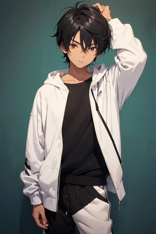 Boy,(anime),(young),(16 year old teenager),(height 1.82cm),(average body build),(skin color EARTH 5),(Short black hair), (wearing a black sweatshirt with white stripes and soft fabric pants)