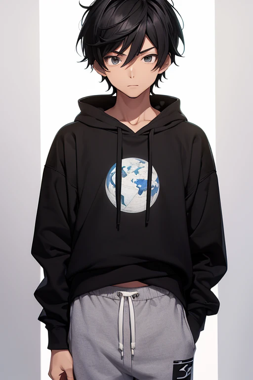 Boy,(anime),(young),(16 year old teenager),(height 1.82cm),(average body build),(skin color EARTH 5),(Short black hair), (wearing a black sweatshirt with white stripes and soft fabric pants)