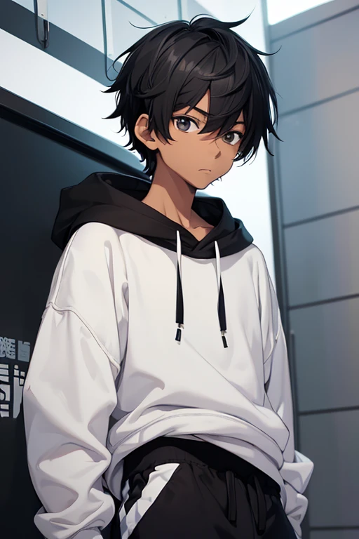 Boy,(anime),(young),(),(height 1.82cm),(average body build),(skin color EARTH 5),(Short black hair), (wearing a black sweatshirt with white stripes and soft fabric pants)