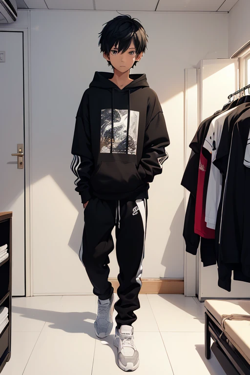 Boy,(anime),(young),(16 year old teenager),(height 1.82cm),(average body build),(skin color EARTH 5),(Short black hair), (wearing a black sweatshirt with white stripes and soft fabric pants)