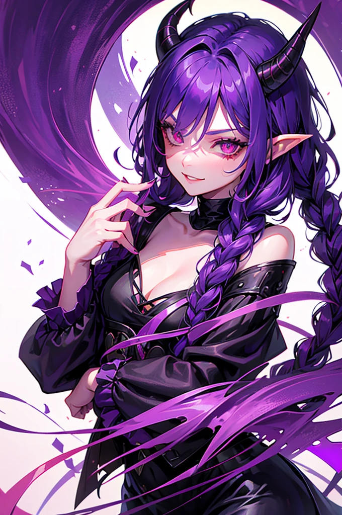 DND female tiefling warlock, purple skin, red eyes with black sclera, eggplant-colored hair, two braids (like Wednesday Adams), fringe, curved horns, mischievous smile, devil wings, solo