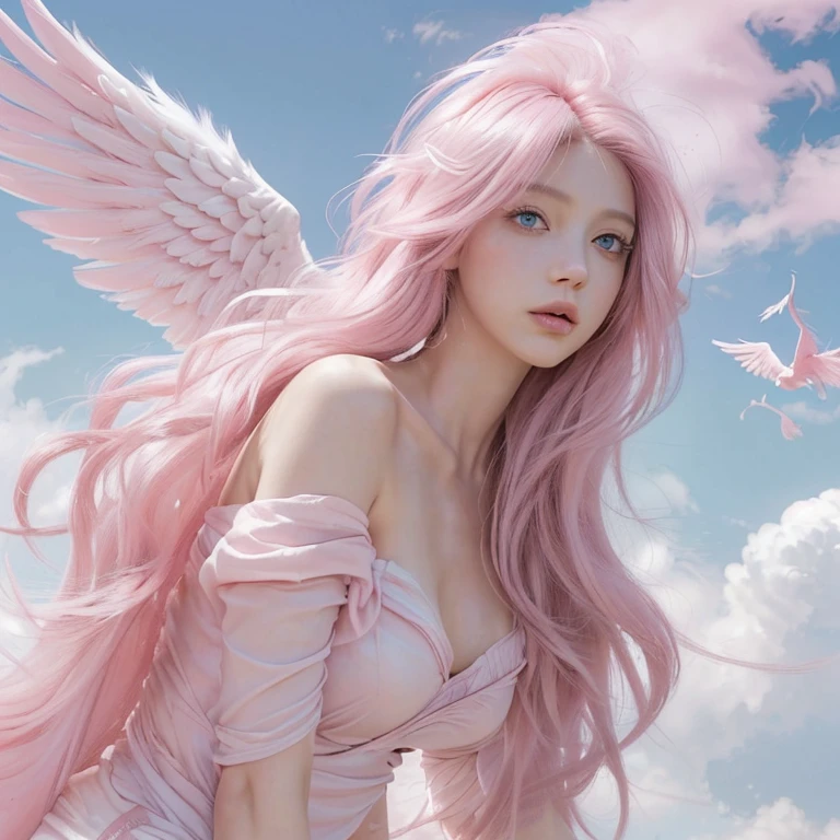 Light pink hair, Pink Eyes, Pink and white,  Vibrant colors, Paint Splash, Wavy long hair,angel, Many feathers fluttering、Large wings from the latissimus dorsi、Above the Clouds ,highest quality, masterpiece, Ultra-high resolution, (Realistic:1.4), RAW Photos, One girl, Off the shoulder, Modest, 