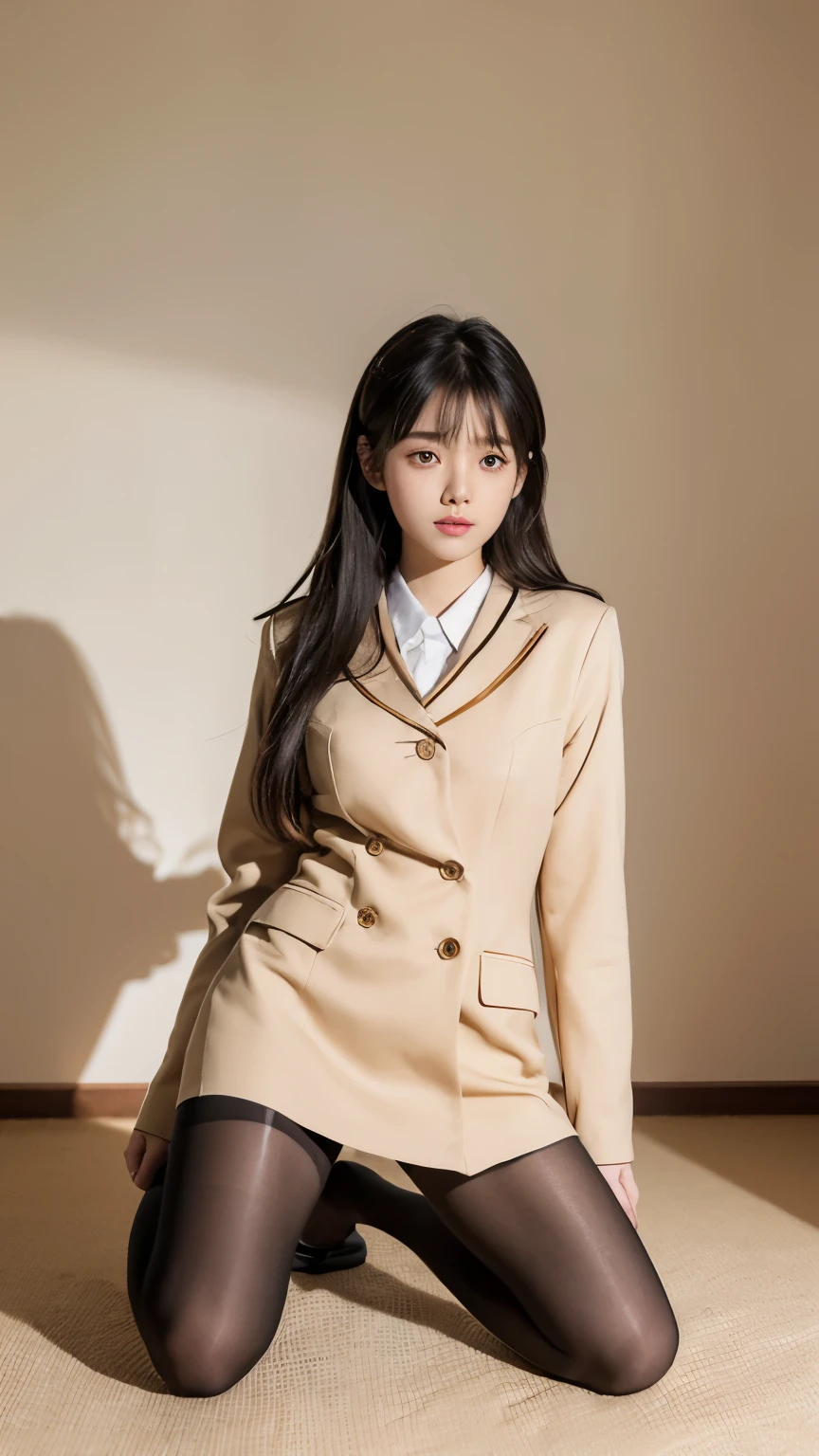 ulzzang-6500-v1.1, (Raw foto:1.2), (Photorealistic:1.4), Beautiful detailed girl, very detailed eyes and face, Beautiful detailed eyes, Ridiculous, Unbelievably ridiculous., huge file size, A highly detailed, high resolucion, Very detailed, Best Quality, Masterpiece, Chemomimi, ((Japanese girls' high school uniform)), Illustration, Very detailed, BAPV, integrated, 8K wallpaper, amazing, Fine details, Masterpiece, Best Quality, Highly detailed YTD uniform 8k wallpaper, light on the face, Cinematic lighting, 1Girl, 16yo, (()), ((Dynamic Pose))), (camel toes), (half), (Pantyhose), (Kneeling and sitting with your legs bent))