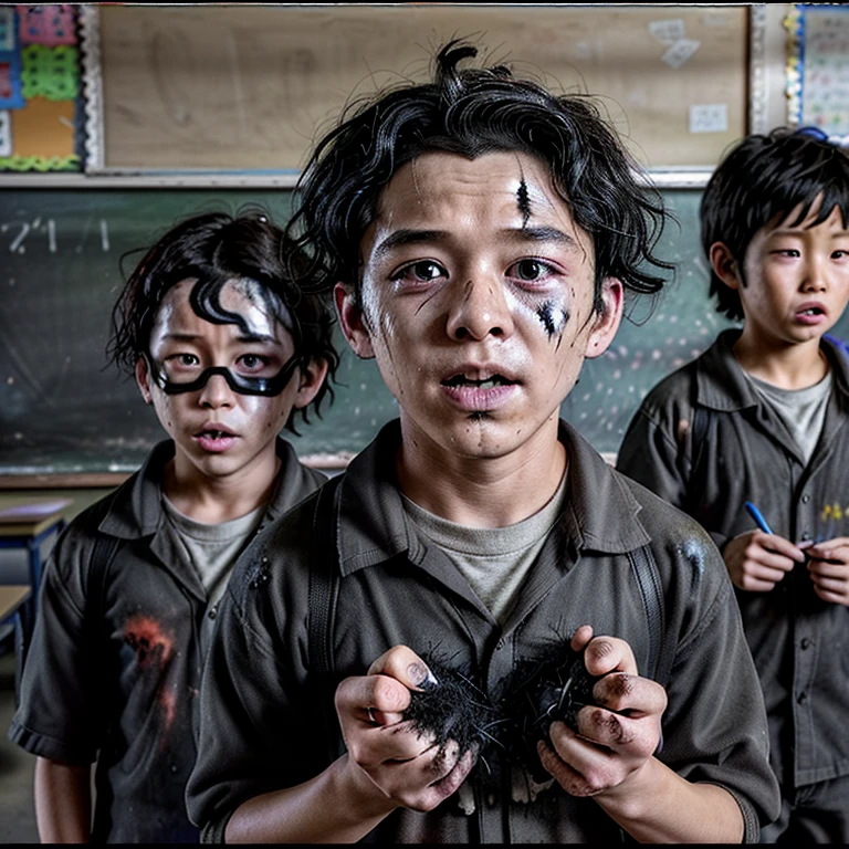 Caught in an explosion in the classroom、Covered in soot、A comedy film about boys whose hair gets burned..