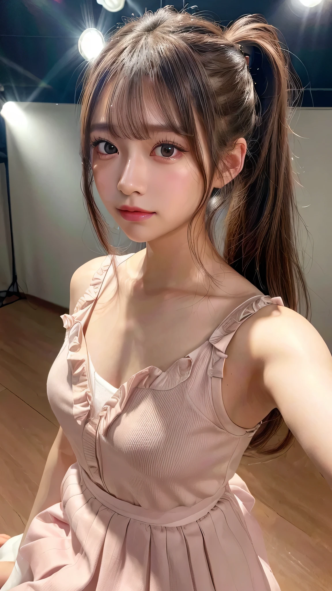 Close-up of face,Blushing,Facing forward,Close-up of face,Small breasts,,Long hair ponytail,concert,On stage,((8K, Raw photo, Best Quality, Mastepiece:1.2), (Realism, Photorealistic:1.4), (Highly detailed 8K wallpapers), Depth of written boundary, Cinematic Lighting, Soft Light, Detailed Beauty Eye,Shiny and smooth light brown ponytail, Asymmetrical bangs, Shiny skin, Ultra-detailed skins ,It is high resolution., High detail, Detailed hairstyle, Detailed facial beauty, Hyper-realistic, Perfect limbs, Perfect Anatomy ,1 Japanese girl,Famous Japanese Idols, Perfect female body,A shy smile,Short eyelashes,Double-edged eyelids,Look straight here,Hair style: ponytail、She is wearing a skirt with lots of frills,The pose is random,Pink frilly dress,Close-up of face