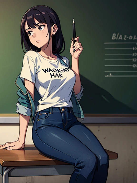 masterpiece, regular girl in jeans and t-shirt and worn out denim jacket, in class, write on blackboard