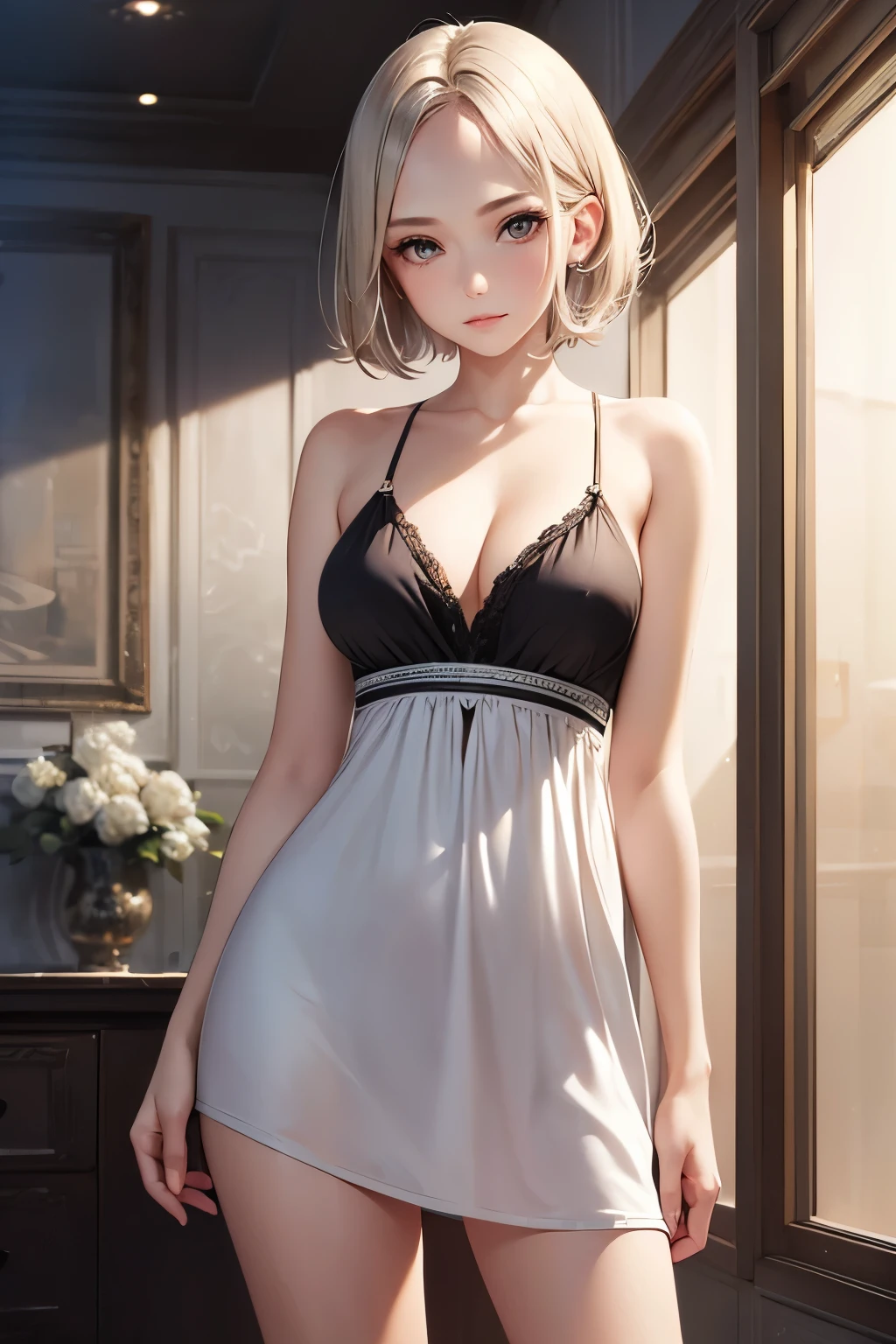 1 girl, solo, cute, looking at viewer, beautiful body, blush, (silver blonde short straight hair side parting), (medium breast), casual attire, casual dress, casual clothes. beautiful environment, highly detailed, masterpiece, best quality, highest quality, high resolution, (masterpiece:1.2), realistic lighting, incredible lighting