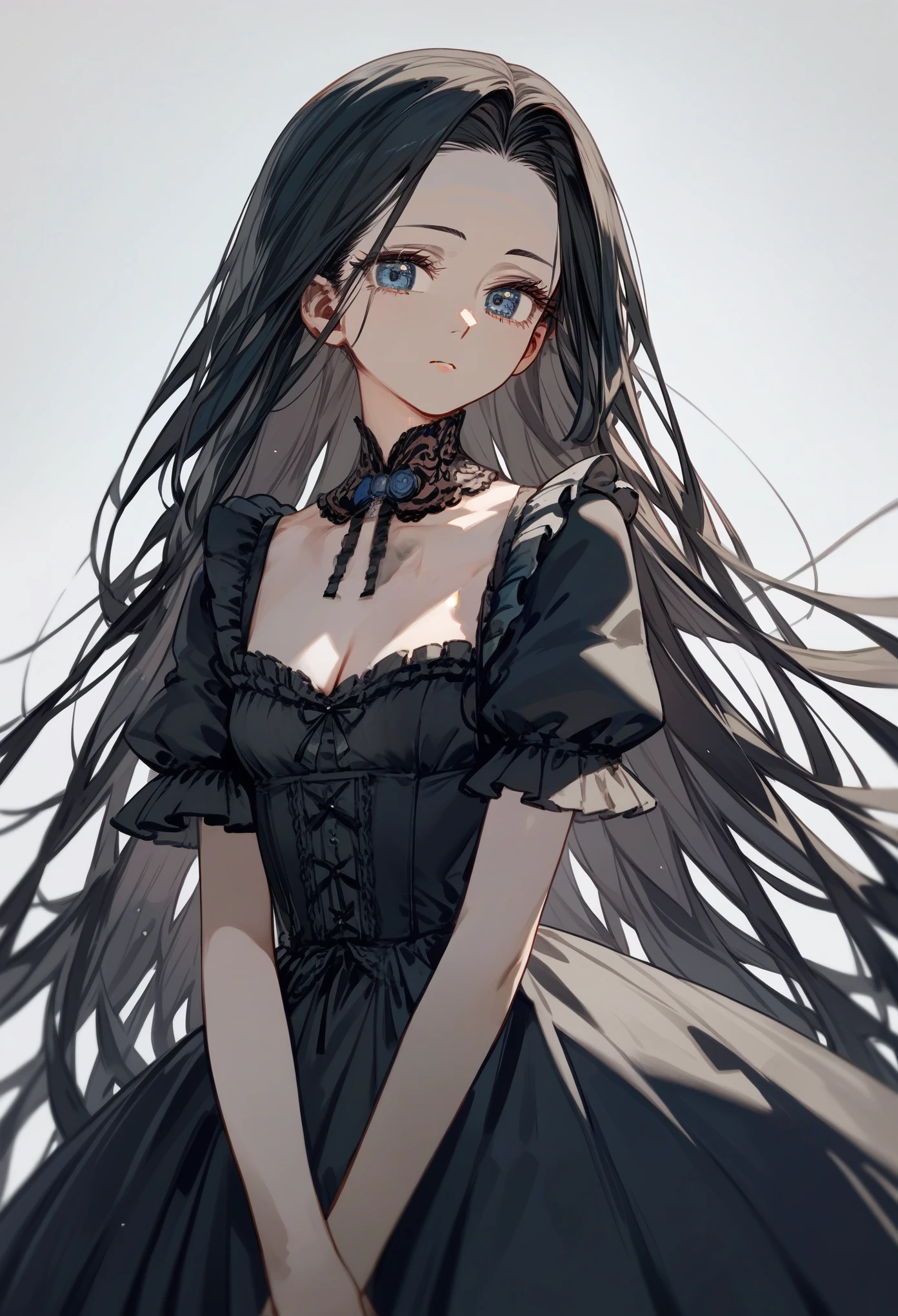 masterpiece, best quality, (score_9, score_8_up, score_7_up), 1girl, solo, black  hair, very long hair, forehead, long bangs, dark blue eyes, innexpressive, small breasts, standing, upper body, victorian fashion, black dress, frilled dress, cleavage, short sleeves, white background