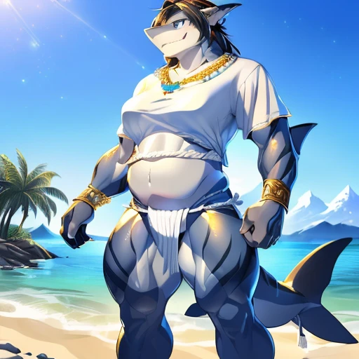 hi res,(((shark, finless shark))), (((not furry))), anthro, ((((((hair(head))))))), aqua blue eyes, ((((((( rokushaku fundoshi, ))))))), (((( female, anthro, female, slim, Skinny)))), female, anthro, female, slim, Skinny, tail, adults, mature, (((SFW))), ((((((((solo)))))))), (((((((((((((female))))))))))))), standing with both legs closed, hands on hips, outside, plant, light blue body, sea, tree, (water), detailed background,by milkytiger1145,by takemoto arashi,by null-ghost, cold atmosphere, open smile, soft blue blush, single fin, ((((((((wearing white tshirts, there is a gap between the clothes and the fundoshi)))))))), ((((((muscular thighs, thick thighs, thick calves, wide hips, wide pelvis, curvy figure, volu\ptu\ous figure, both feet are close together., \hourglass \figure,, female body)))))), ((((((((loincloth with golden accessory many jewels and ornaments , glittering fundoshi, Jewelry should be worn with loincloth, belly dancer outfit ))))))))