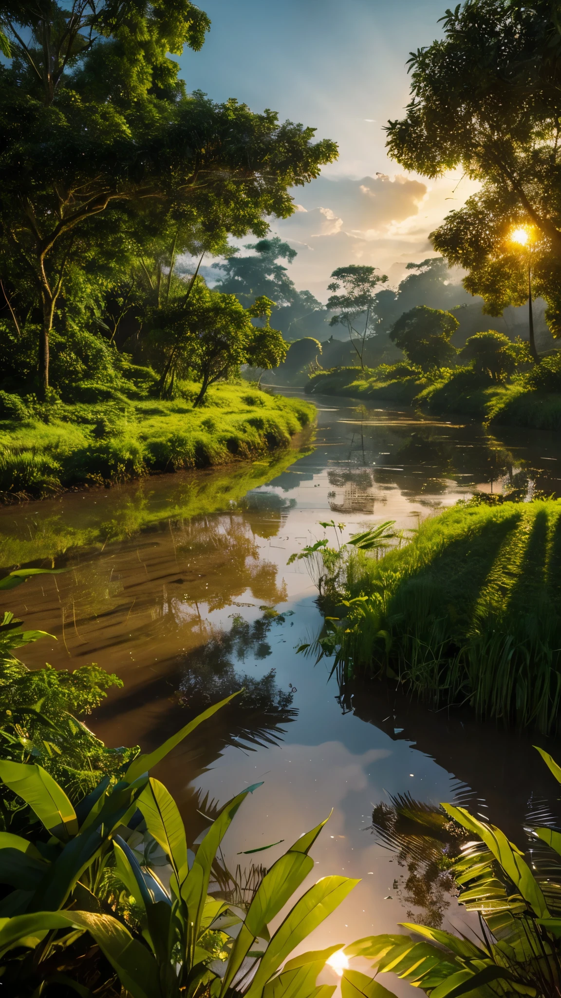 Depicting a mysterious river in the Amazon forest、Ultra-realistic and highly detailed beautiful masterpiece, With the setting sun, 