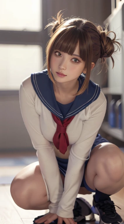 (Best Quality,4K,8K,hight resolution,masutepiece:1.2),Ultra-detailed,(Realistic,photoRealistic,photo-Realistic:1.37),nffsw,nffsw,Studio Lighting,Ultra-fine painting,Sharp Focus,Physically-based rendering,extreme detail description,Professional,Vivid colors,Bokeh,Portraits,landscape,beautiful bob haircut girl,Beautiful detailed eyes,plump breasts,Brubruma,white gym uniform,gym room with wooden floor,School,1 girl in the photo,Watching the viewer,a photo of girl