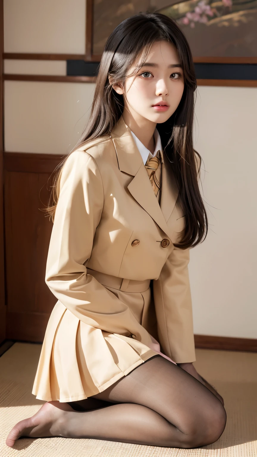ulzzang-6500-v1.1, (Raw foto:1.2), (Photorealistic:1.4), Beautiful detailed girl, very detailed eyes and face, Beautiful detailed eyes, Ridiculous, Unbelievably ridiculous., huge file size, A highly detailed, high resolucion, Very detailed, Best Quality, Masterpiece, Chemomimi, ((Japanese girls' high school uniform)), Illustration, Very detailed, BAPV, integrated, 8K wallpaper, amazing, Fine details, Masterpiece, Best Quality, Highly detailed YTD uniform 8k wallpaper, light on the face, Cinematic lighting, 1Girl, 16yo, (()), ((Dynamic Pose))), (camel toes), (half), (Pantyhose), (Kneeling and sitting with your legs bent))