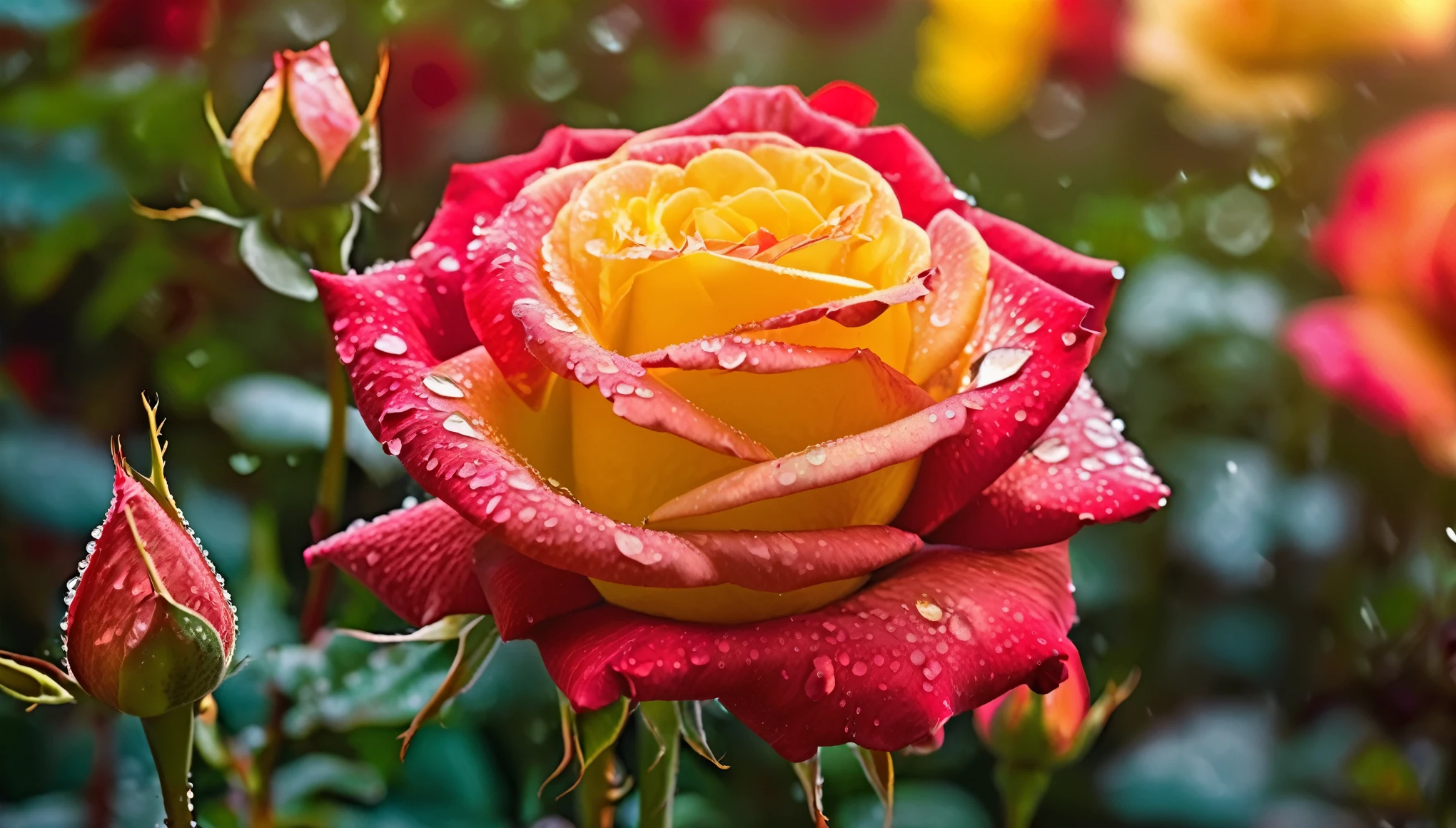 Many red and yellow rose flowers in the garden and sunlight with bokeh, dew drops on flower petals (masterpiece, ultra quality, high resolution, 8k, intricate: 1.2), (masterpiece), (best quality:1)