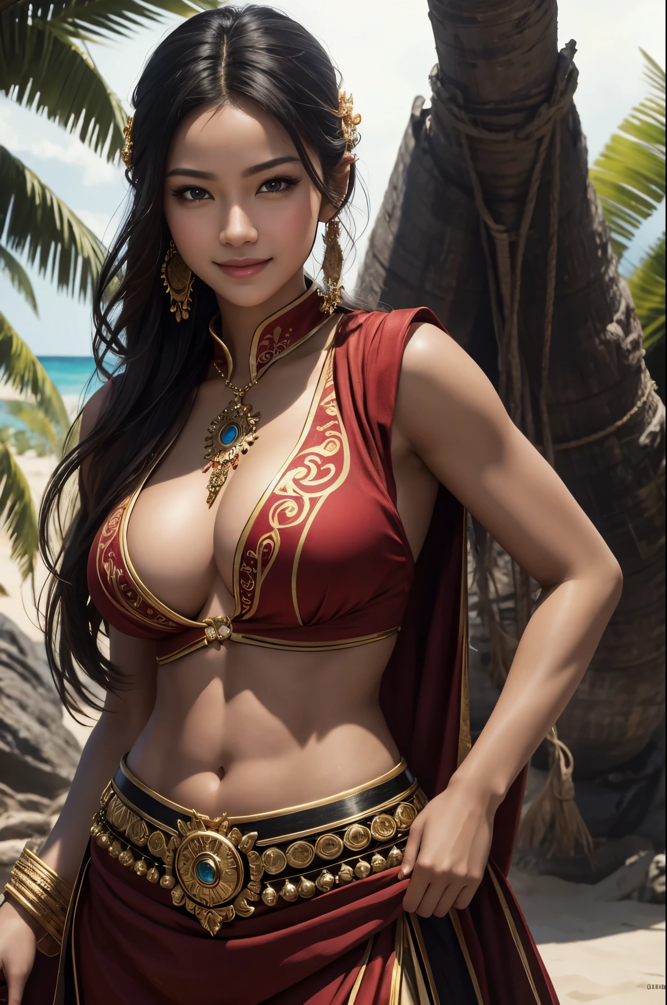 8k,exotic attractive woman,so beautiful(Like the real thing),Black and red national costume,Beautiful expression,smile,masterpiece,Photorealistic RAW photos of the highest quality。Bright colors,Rich colors, Backlight, Cinema Lighting, Film Grain, to be born, 50mm lens, Nikon D850,Ultra-Realistic Skin,Fantasy art,Character Art,Ultra-high resolution,Realistic scale skins,Perfect hand shape,View your viewers,smile,Beautiful expression,close,Muscular and slim body,compensate,sexy,Dynamic pose,close,Accentuate your cleavage,whole body,Sunburned skin,Tropical Beauty,Sandy Beach,