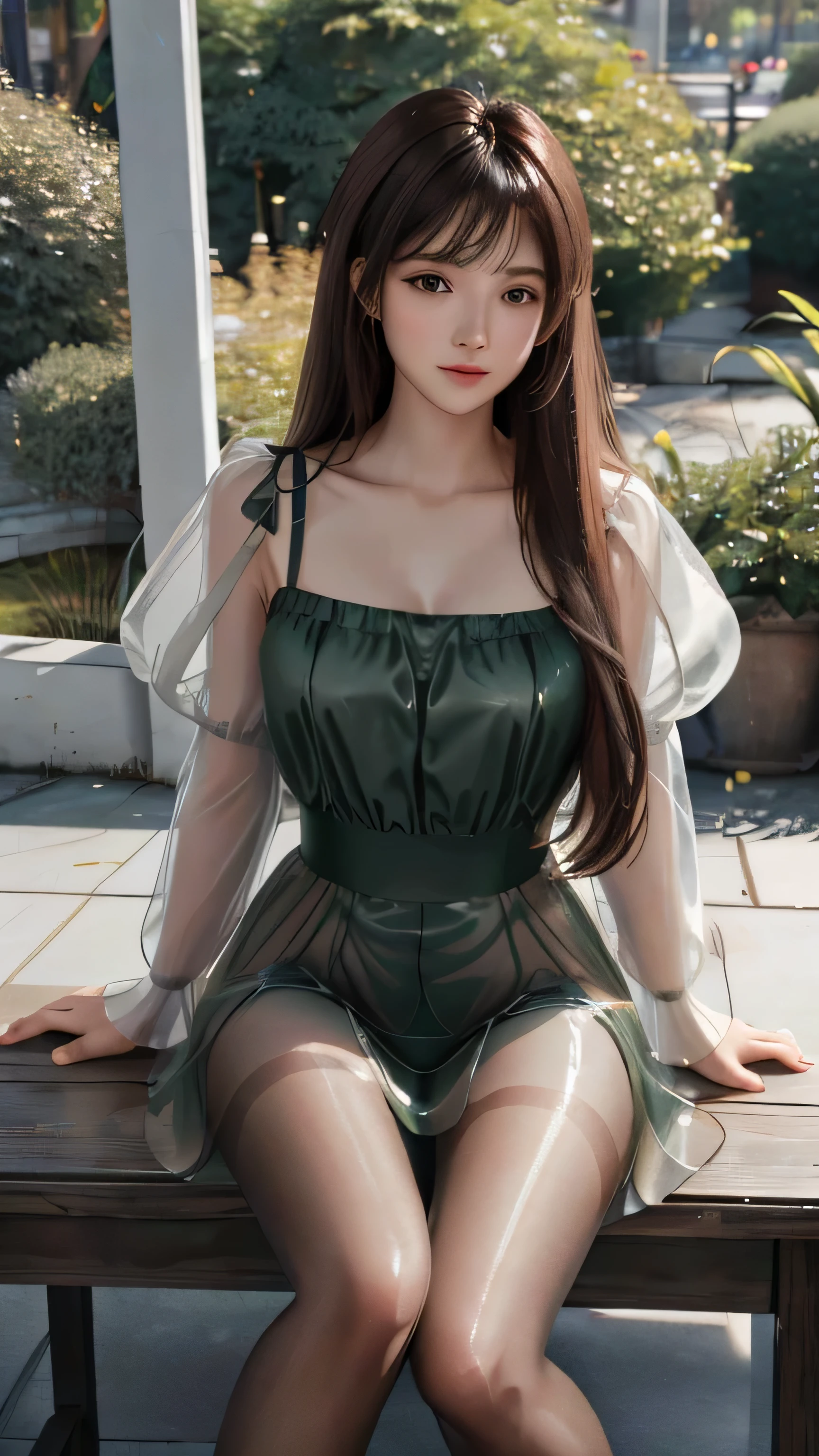 Ultra HD, 8K quality, girl,Happy,Medium long hair,bangs,Brown Hair, Green blur dress,(Transparent and glossy light gray pantyhose),(All-through pantyhose for Race Queens) Fine grain, Sitting pose, Unreal Engine 5,