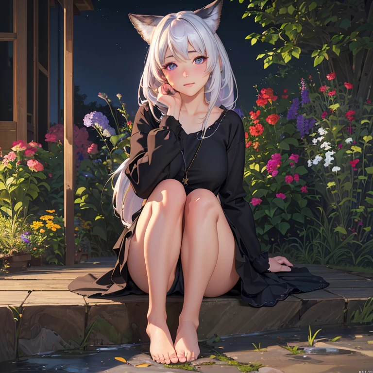 (best quality,4k,8k,highres,masterpiece:1.2),ultra-detailed,(realistic,photorealistic,photo-realistic:1.37),illustration,soft lighting,a girl with white hair,deep purple eyes,glowing eyes,sitting down,barefoot,face blushing,in a garden at night,flowers.