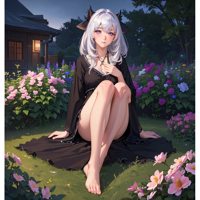 (best quality,4k,8k,highres,masterpiece:1.2),ultra-detailed,(realistic,photorealistic,photo-realistic:1.37),illustration,soft lighting,a girl with white hair,deep purple eyes,glowing eyes,sitting down,barefoot,face blushing,in a garden at night,flowers.