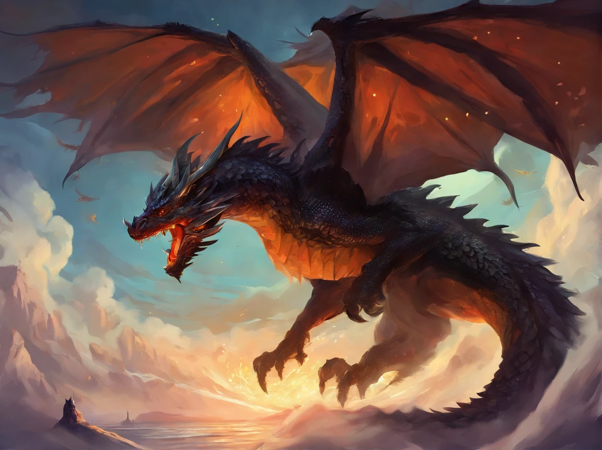 black dragon painting in the sky, voando sobre um mar revolto, Preparing to attack your Hawk oponete. epic fantasy art, epic fantasy game art, d & D Arte Digital Fantasia, Epic Fantasy Digital Art Style, Dungeons and Dragons Arte de fantasia, d & d fantasy art, epic fantasy painting, d & d fantasia pintura digital, surpreendente d & D arte