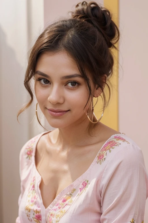 The image depicts a brazilian woman directly facing the camera with a gentle, contented expression. She has dark hair styled up in a messy bun, with loose strands framing her face. Her striking features include clear, light-toned skin and vivid blue eyes that stand out against the simplicity of the solid pink background. She wears large, round earrings and a vibrant pink shirt or dress with bold yellow floral embroidery, suggesting a sense of fashion that is both colorful and playful. The woman's slightly tilted head and subtle smile give the impression of approachable confidence and ease.  brightness and warmth due to the color scheme and the subject's inviting demeanor.