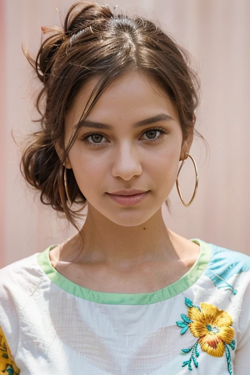 The image depicts a brazilian woman directly facing the camera with a gentle, contented expression. She has dark hair styled up in a messy bun, with loose strands framing her face. Her striking features include clear, light-toned skin and vivid blue eyes that stand out against the simplicity of the solid pink background. She wears large, round earrings and a vibrant pink shirt or dress with bold yellow floral embroidery, suggesting a sense of fashion that is both colorful and playful. The woman's slightly tilted head and subtle smile give the impression of approachable confidence and ease.  brightness and warmth due to the color scheme and the subject's inviting demeanor.