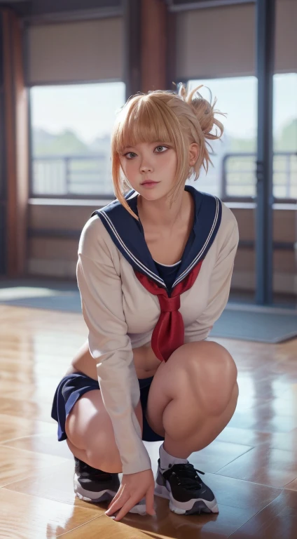 (Best Quality,4K,8K,hight resolution,masutepiece:1.2),Ultra-detailed,(Realistic,photoRealistic,photo-Realistic:1.37),nffsw,nffsw,Studio Lighting,Ultra-fine painting,Sharp Focus,Physically-based rendering,extreme detail description,Professional,Vivid colors,Bokeh,Portraits,landscape,beautiful bob haircut girl,Beautiful detailed eyes,plump breasts,Brubruma,white gym uniform,gym room with wooden floor,School,1 girl in the photo,Watching the viewer,a photo of girl