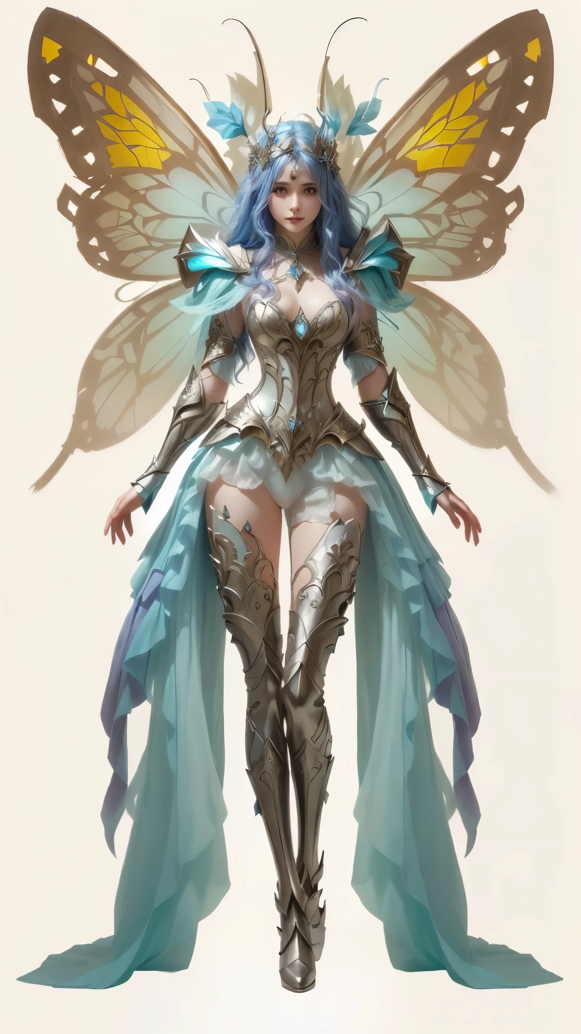 un primer plano de una mujer disfrazada de mariposa con alas, sociedad cgs de hadas, beautiful full body arte conceptual, arte conceptual | tipo germen, fantasy character design, fantasy style art., fantasy character art, fantastic art style, fantasy costume, hermosa y elegante reina elfa, fantasy character, Exquisite and epic character art., sociedad cg de cuerpo completo, complex fantasy character, fantasy arte conceptual