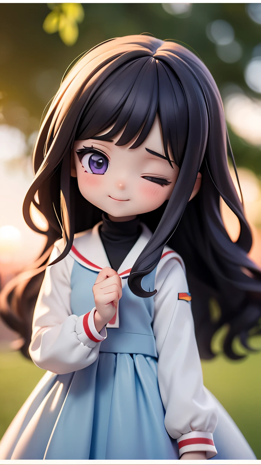 1girl，Q version，little girl，大道寺Tomoyo，Tomoyo，Black long hair，Purple Eyes，tomoyo:Light blue long dress，Laugh out loud，Close one eye，Upper Body，Sunset Lawn，Highest quality，Ultra HD，(Details)，(masterpiece)，(best quality),(Light Layer)