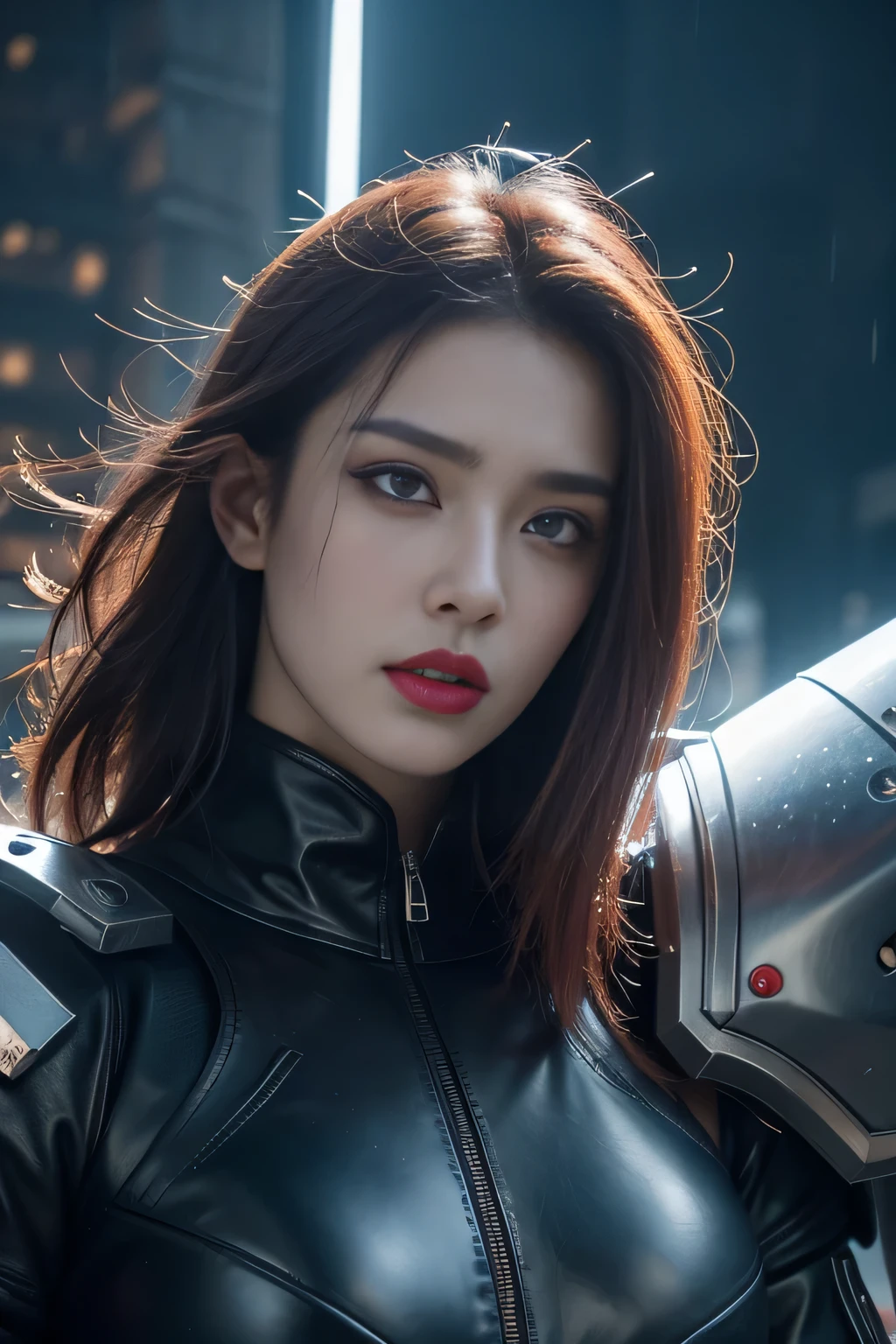 masterpiece,best quality,high resolution,8k,(Portrait Photography:1.5),(R Original Photo),real picture,Digital Photography,(A fusion of cyberpunk and fantasy),(Female Soldiers),20 year old girl,Feel free to hairstyle,By Bangs,(Pink Eye, Accessories,Red lips,(He frowned,sneer),(Combination of cyberpunk and fantasy style clothing,Hollow carving design,Combined Armor,,Hematite Set),Show your belly button,Photo pose breast skin texture realistic,Realistic style,Thunder and lightning in rainy days,(Thunder magic),oc render reflection texture