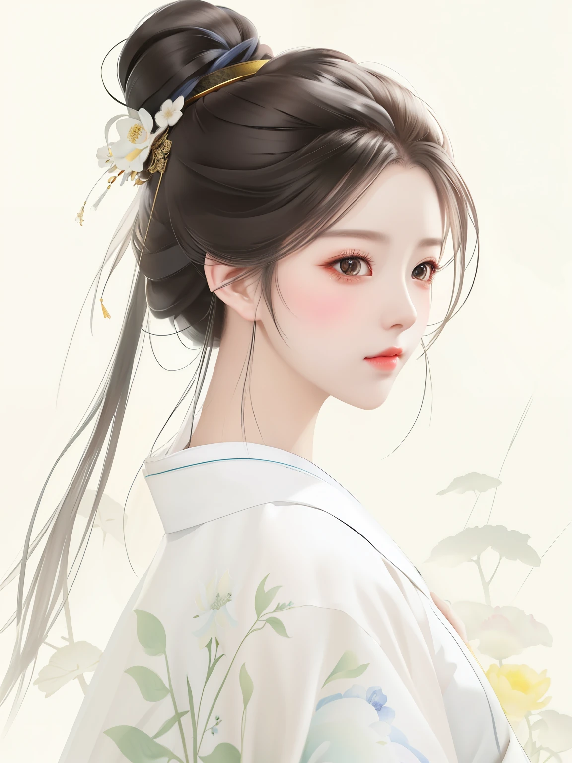 there is a woman with a flower in her hair and a white shirt, palace ， a girl in hanfu, beautiful character painting, Ghost Festival, a beautiful artwork illustration, artwork in the style of guweiz, by Yang J, inspired by Ma Yuanyu, guweiz, beautiful anime portrait, by Li Song, chinese girl