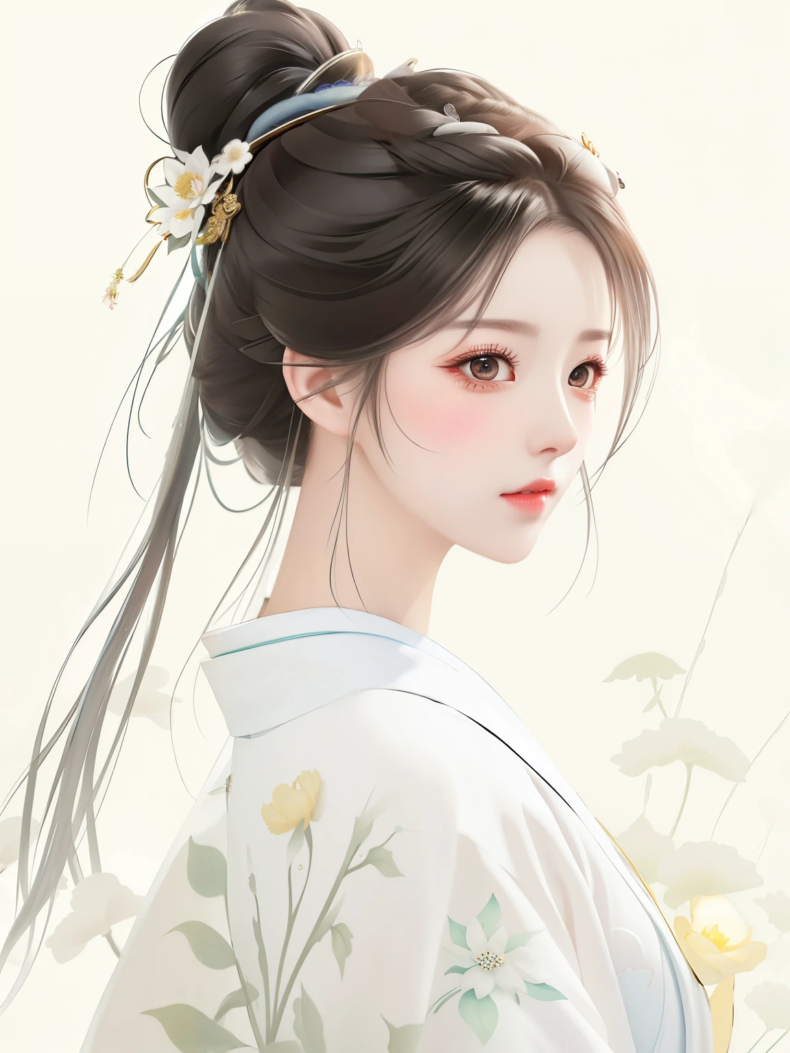 there is a woman with a flower in her hair and a white shirt, palace , a girl in hanfu, beautiful character painting, Ghost Festival, a beautiful artwork illustration, artwork in the style of guweiz, by Yang J, inspired by Ma Yuanyu, guweiz, beautiful anime portrait, by Li Song, chinese girl