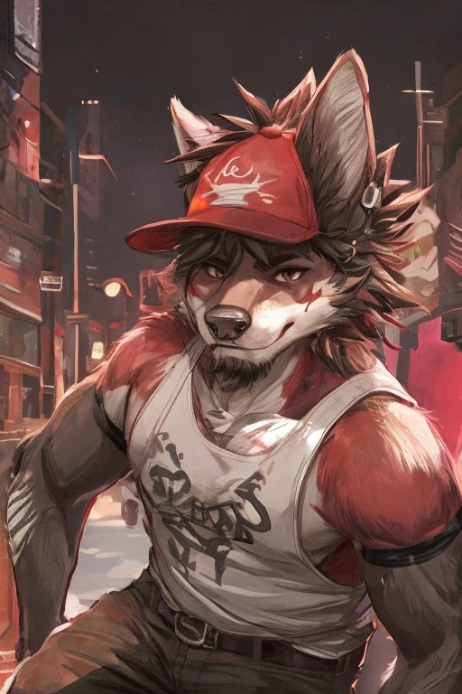 masculine young guy, short beard and ((dark tanned skin)), night rave scene, short cropped hair, ((has fox ears)), ((has fox tail)), wearing a streetwear shorts, wearing streetwear red jacket, ((he is solo)), ((he is alone)), has detailed glowing blue eyes, muscular thighs