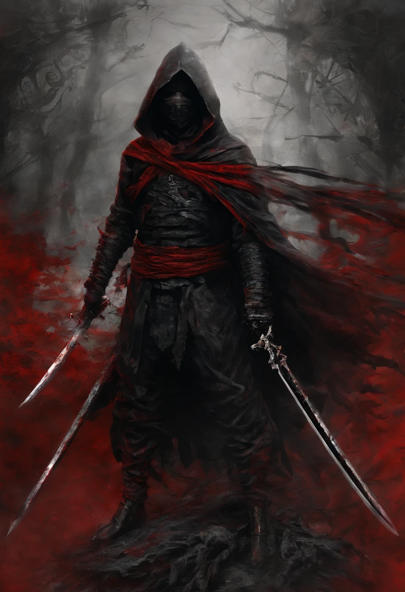 Dark ninja with a red sword、Red scarf，