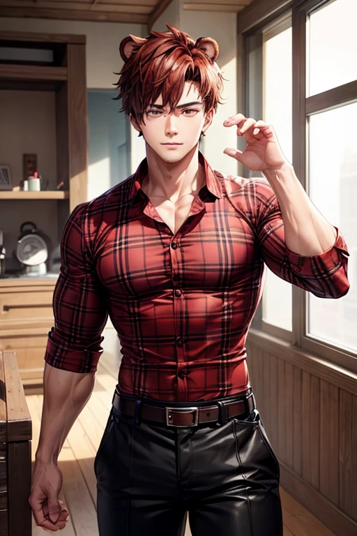 Boy with muscular build, slim red and black plaid shirt, bear ears, reddish brown hair, brown comor pants, black leather belt
