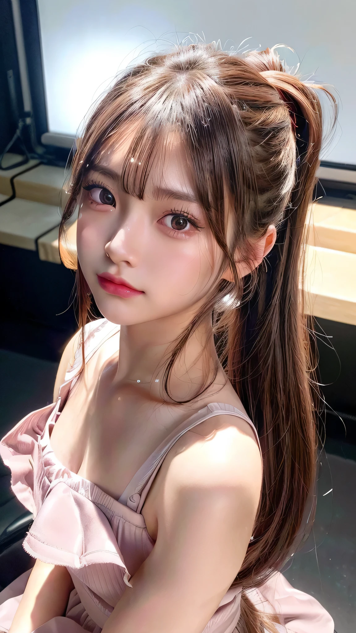 Close-up of face,Blushing,Facing forward,Close-up of face,Small breasts,,Long hair ponytail,concert,On stage,((8K, Raw photo, Best Quality, Mastepiece:1.2), (Realism, Photorealistic:1.4), (Highly detailed 8K wallpapers), Depth of written boundary, Cinematic Lighting, Soft Light, Detailed Beauty Eye,Shiny and smooth light brown ponytail, Asymmetrical bangs, Shiny skin, Ultra-detailed skins ,It is high resolution., High detail, Detailed hairstyle, Detailed facial beauty, Hyper-realistic, Perfect limbs, Perfect Anatomy ,1 Japanese girl,Famous Japanese Idols, Perfect female body,A shy smile,Short eyelashes,Double-edged eyelids,Look straight here,Hair style: ponytail、She is wearing a skirt with lots of frills,The pose is random,Pink frilly dress,Close-up of face