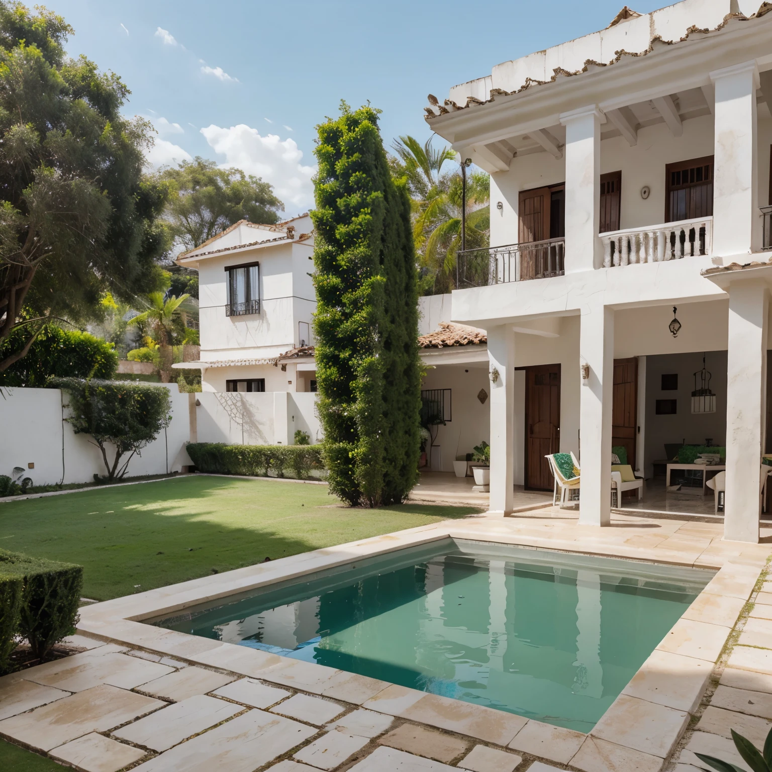Casa colonial blanca elegante clasica griega 3 pisos techo verde dinero dia soleado con un gran jardin y un guepardo chetah en el patio