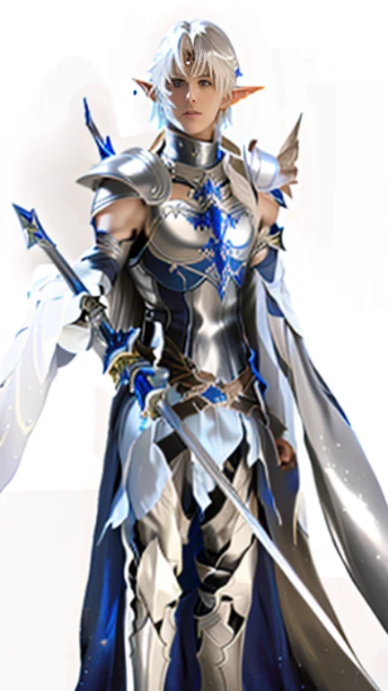 Close-up of a man holding a sword and a saber, Final Fantasy Characters, Silver-skinned male elf, Blue and white armor, white armor, Light blue armor, Elf Knight, streamlined white armor, From Final Fantasy, Thancred Waters, Knight of the zodiac girl, Wearing sleek silver armor, Silver ice reflective armor