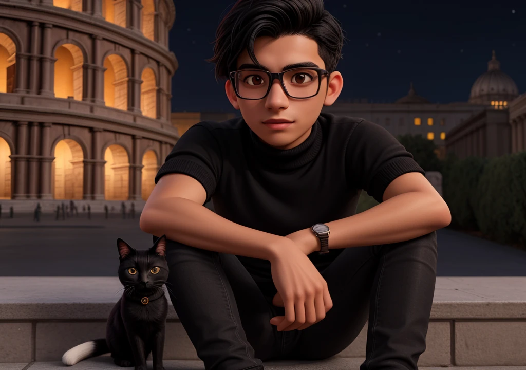 A young peruvian man of 20 years old, with black disheveled hair, lentes cuadrados, cute square face, boxy face, and brown eyes, wearing black turtleneck, black jeans. He is sitting alone holding one small black cat at night with the Roman Coliseum in the background. 3d cartoon