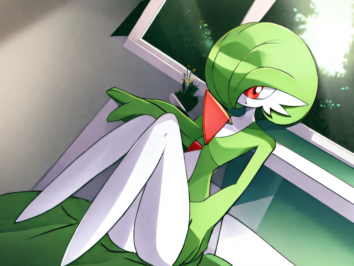 girl, solo, gardevoir, creatures \(company\), game freak, nintendo, pokemon, pokemon \(game\), bangs, colored skin, female focus, sad, gen 3 pokemon, green hair, green skin, hair over one eye, multicolored skin, pokemon \(creature\), red eyes, short hair, two-tone skin, white skin, at home, empty eyes, dull eyes, blank eyes, blank expression, hypnotized, dazed, blank, enthralled, cocktail dress, bare legs, slim legs, abused, injured