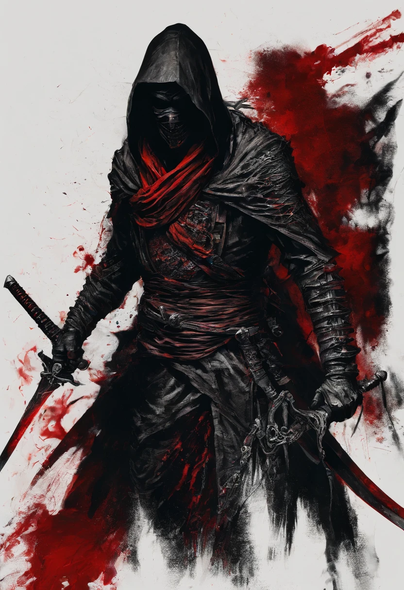 Male arab warrior, medivial, black short balaclava, black bandage, black clothes, thin waist, skinny body, femboy, light skin, makeup, black eyeliner, big eyelashes, black eyeshadow, metal choker,  light skin, wounded, sword in the chest, blood, blood on body 