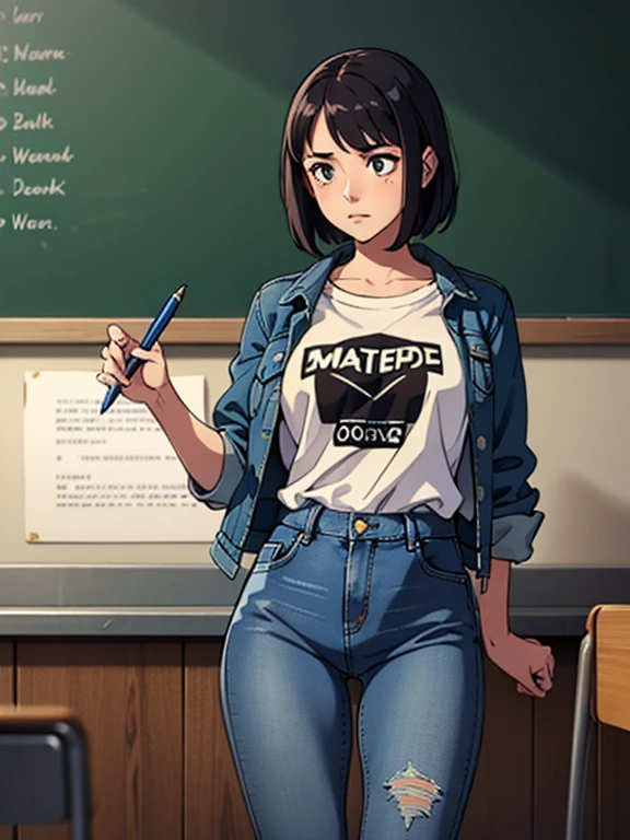 masterpiece, regular girl in jeans and t-shirt and worn out denim jacket, in college class, write on blackboard