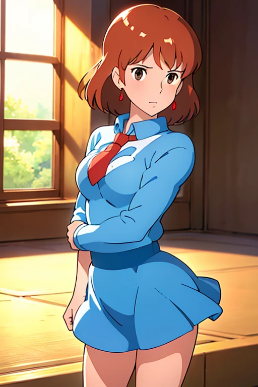 (masterpiece, highest quality, High resolution, Anime screenshots, Anime Color, 8k, Realistic), High School Girl Nausicaa, very cute, beautiful girl, clear, , alone, Brown Hair, short hair, Red Gem Earrings, Excitement, Shining eyes, (Looking at the audience), Perfect body, Cleavage, (High School Girl Uniform, mini skirt), Perfect beauty, School classroom, (Perfectly detailed anatomy, Beautiful and elaborate face&eye:1.5, Shiny skin, Perfect body)、White underwear、I want to see the whole body