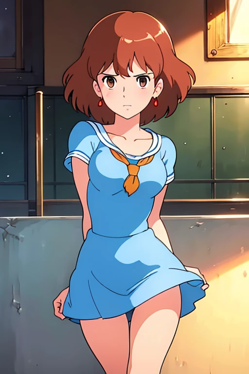 (masterpiece, highest quality, High resolution, Anime screenshots, Anime Color, 8k, Realistic), High School Girl Nausicaa, very cute, beautiful girl, clear, , alone, Brown Hair, short hair, Red Gem Earrings, Excitement, Shining eyes, (Looking at the audience), Perfect body, Cleavage, (High School Girl Uniform, mini skirt), Perfect beauty, School classroom, (Perfectly detailed anatomy, Beautiful and elaborate face&eye:1.5, Shiny skin, Perfect body)、White underwear、I want to see the whole body