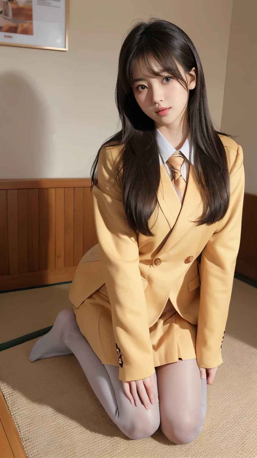 ulzzang-6500-v1.1, (Raw foto:1.2), (Photorealistic:1.4), Beautiful detailed girl, very detailed eyes and face, Beautiful detailed eyes, Ridiculous, Unbelievably ridiculous., huge file size, A highly detailed, high resolucion, Very detailed, Best Quality, Masterpiece, Chemomimi, ((Japanese girls' high school uniform)), Illustration, Very detailed, BAPV, integrated, 8K wallpaper, amazing, Fine details, Masterpiece, Best Quality, Highly detailed YTD uniform 8k wallpaper, light on the face, Cinematic lighting, 1Girl, , (()), ((Dynamic Pose))), (camel toes), (half), (Pantyhose), (Kneeling and sitting with your legs bent))