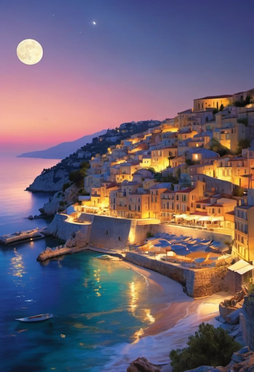 (Magazine cover :1.2),(masterpiece, best quality:1.2),Romantic Aegean Sea,(French Riviera:1.3),night,Backlight,(1对情侣坐在French Riviera的树枝上:1.4),There is a full moon behind,Alexander,repeat,Fresh colors,Soft colors,Diode lamp,Concept art style,Extremely complex details,Clear distinction between light and dark,layered,Ultra HD